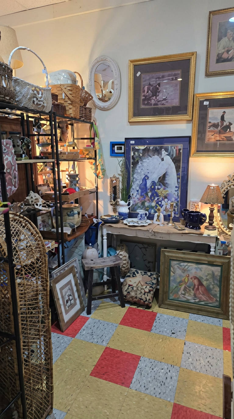 Gallery nook of framed paintings, mirrors and antique furniture