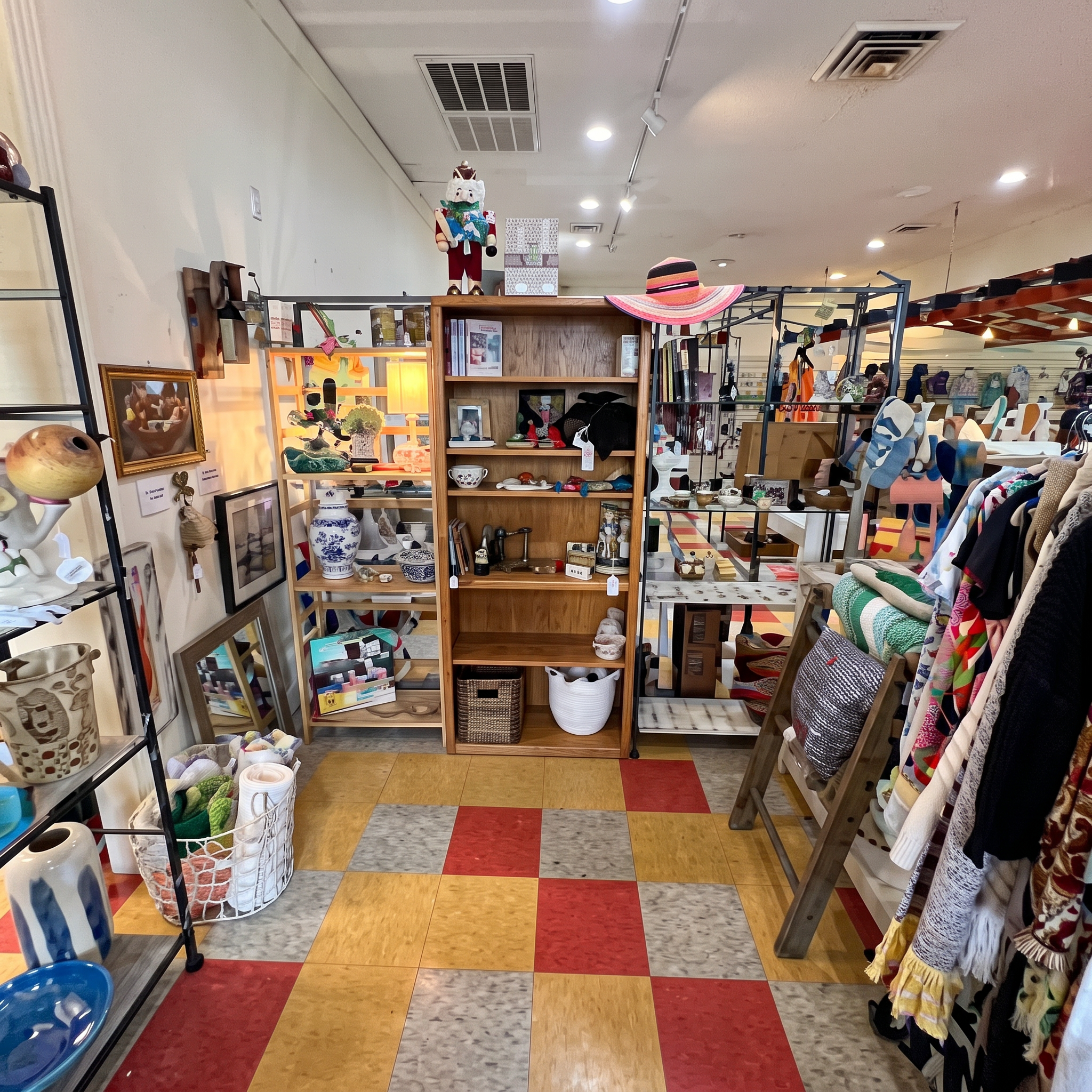 Inside The Shoo-Fly Station Vendor Mall, with booths of clothing, art and vintage goods