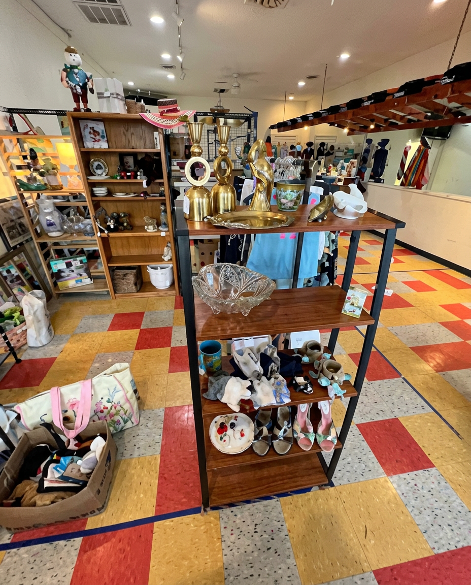 View across the checkerboard floor of the vendor mall