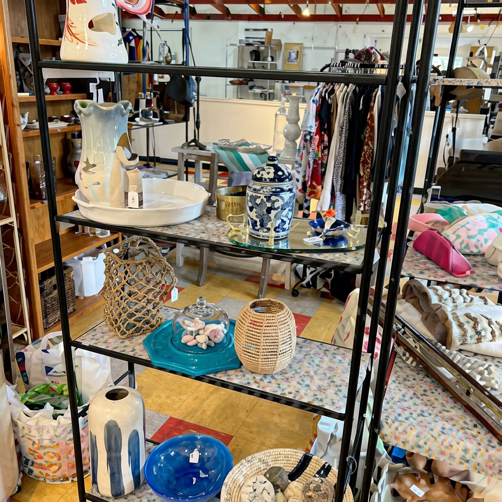 Booth with handbags, baskets and hanging garments