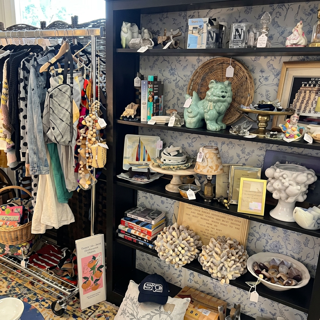 Shelves of pottery, glassware and coastal decor beside a rack of clothing
