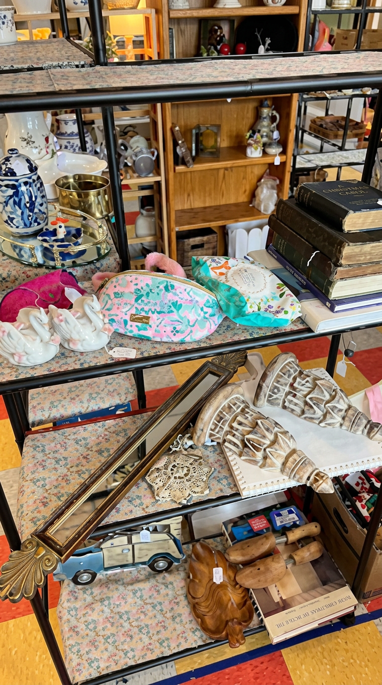 Table of vintage collectibles, carved wood pieces and figurines
